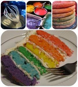 rainbow cake batter and layers